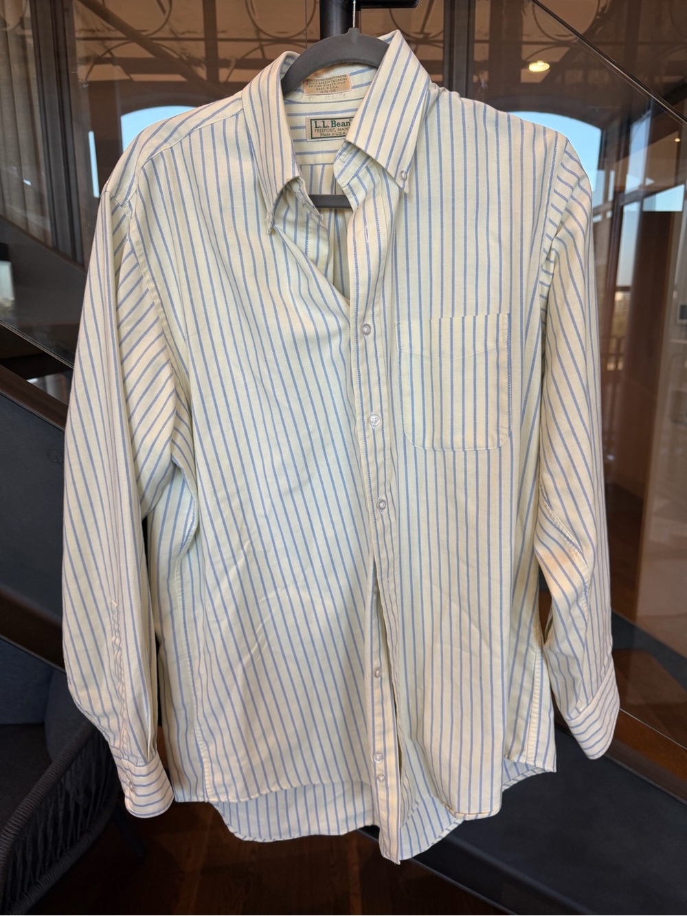 Vintage L.L. Bean Men's Button-Down Shirt with Light Blue Stripes